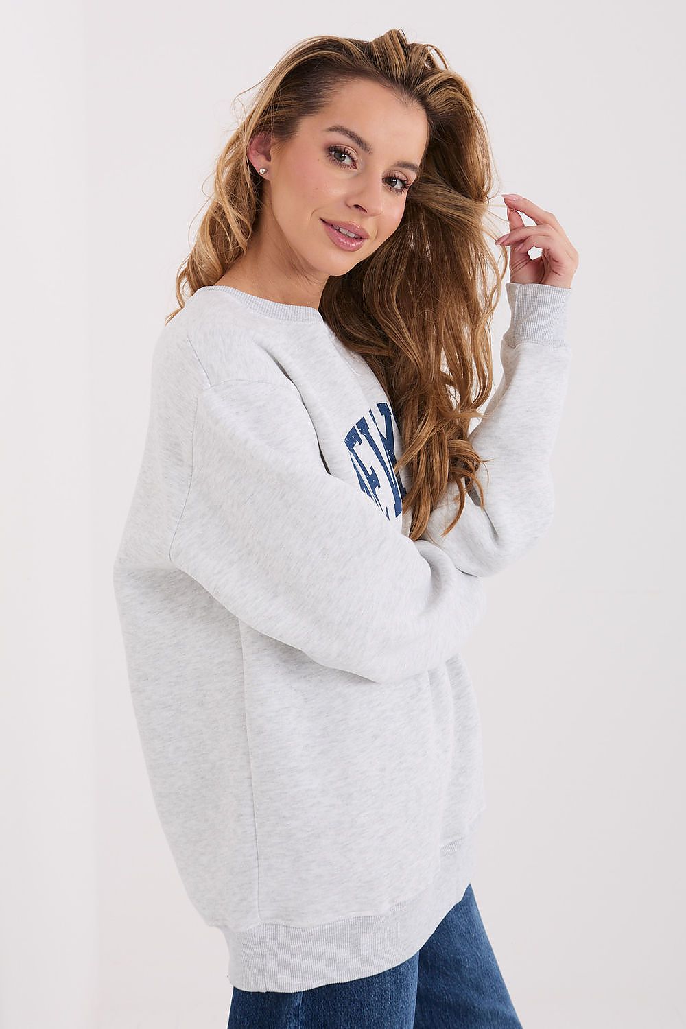 Women's Loose Printed Longline Sweatshirt — Grey-Women Sweatshirt-LeStyleParfait