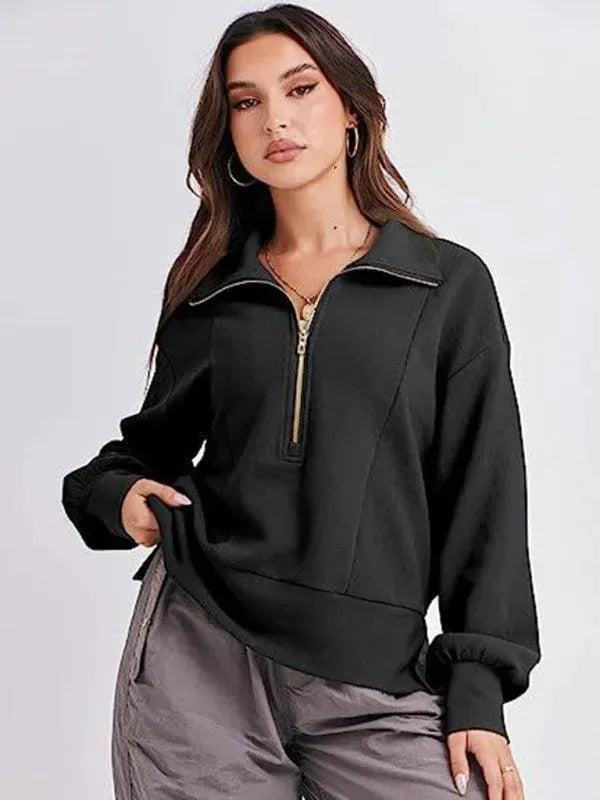Women's Loose Zip V-Neck Sweatshirt-Women Sweatshirt-LeStyleParfait
