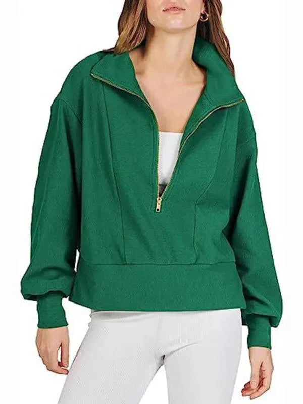 Women's Loose Zip V-Neck Sweatshirt-Women Sweatshirt-LeStyleParfait