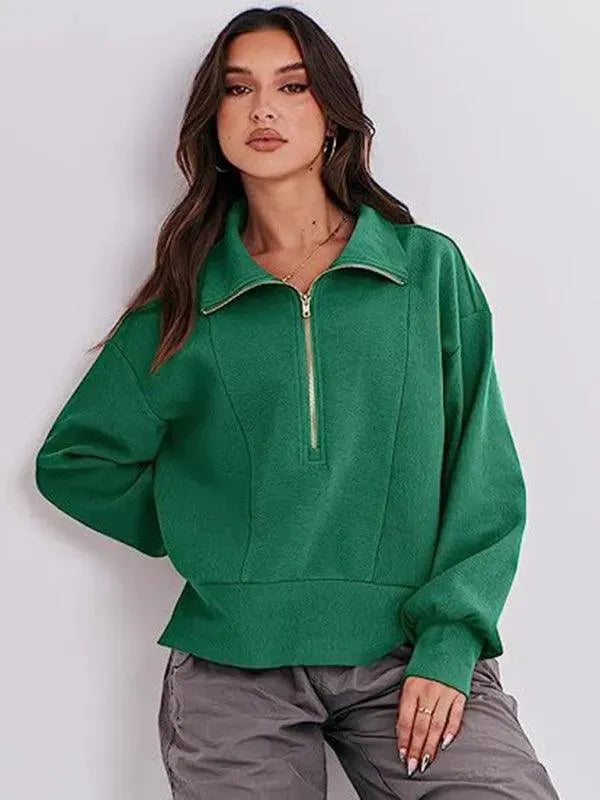 Women's Loose Zip V-Neck Sweatshirt-Women Sweatshirt-LeStyleParfait