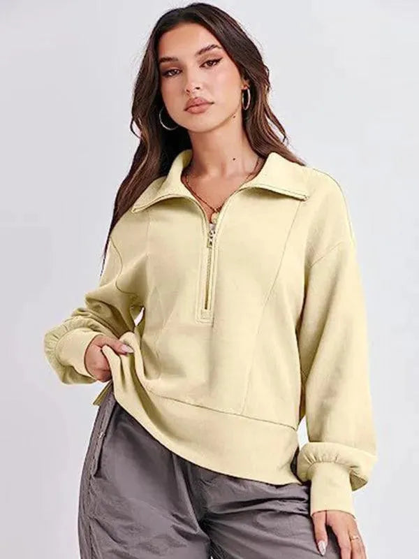 Women's Loose Zip V-Neck Sweatshirt-Women Sweatshirt-LeStyleParfait