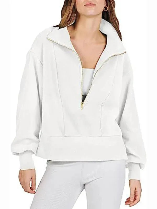 Women's Loose Zip V-Neck Sweatshirt-Women Sweatshirt-LeStyleParfait