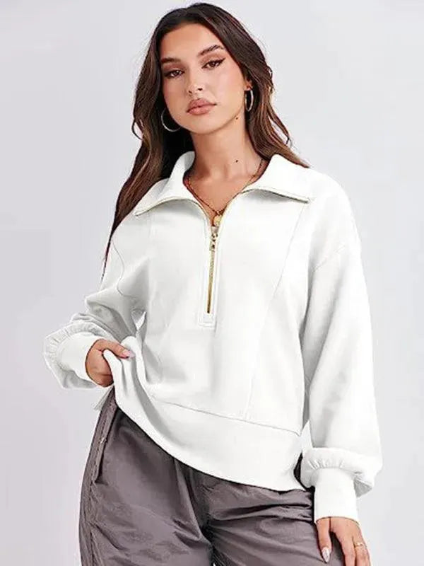 Women's Loose Zip V-Neck Sweatshirt-Women Sweatshirt-LeStyleParfait