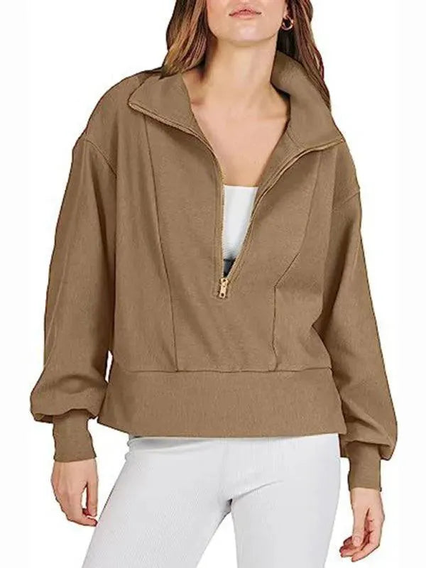 Women's Loose Zip V-Neck Sweatshirt-Women Sweatshirt-LeStyleParfait