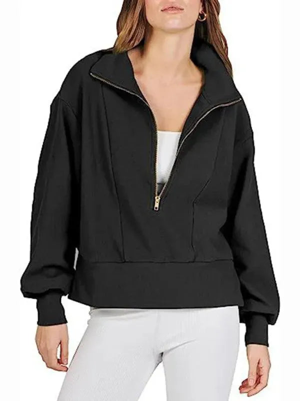 Women's Loose Zip V-Neck Sweatshirt-Women Sweatshirt-LeStyleParfait