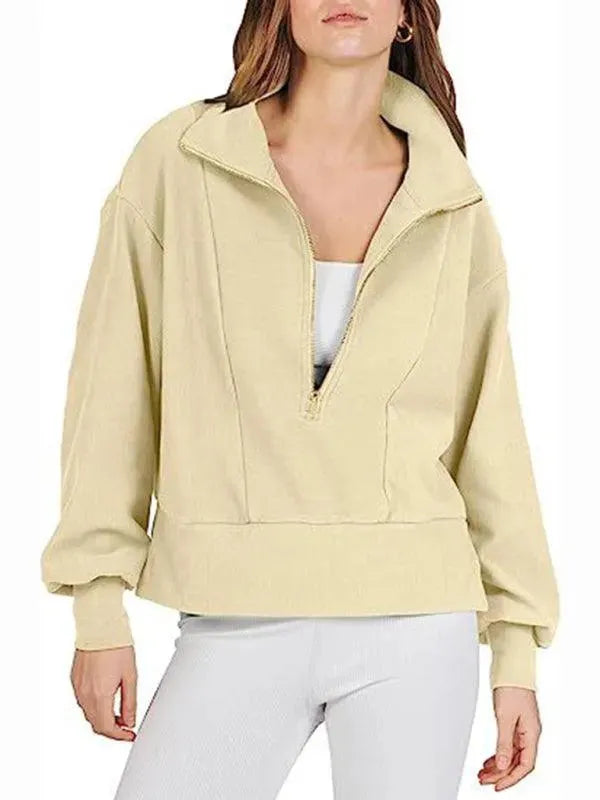 Women's Loose Zip V-Neck Sweatshirt-Women Sweatshirt-LeStyleParfait