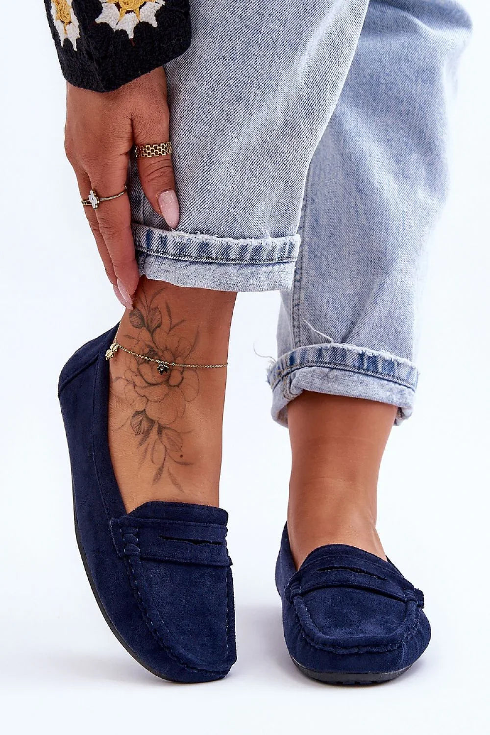 Women’s navy and violet penny driving moccasin loafers, flat women’s driving shoes for spring–summer