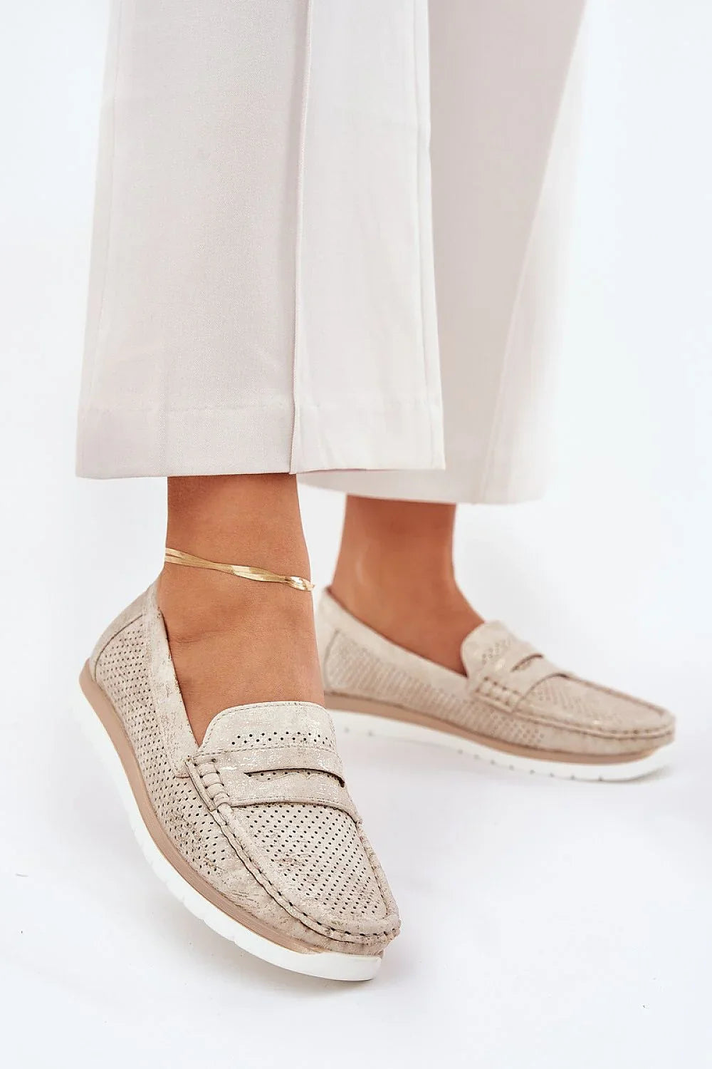 Women’s perforated eco leather driving moccasin loafers, casual women’s driving loafers for spring–summer