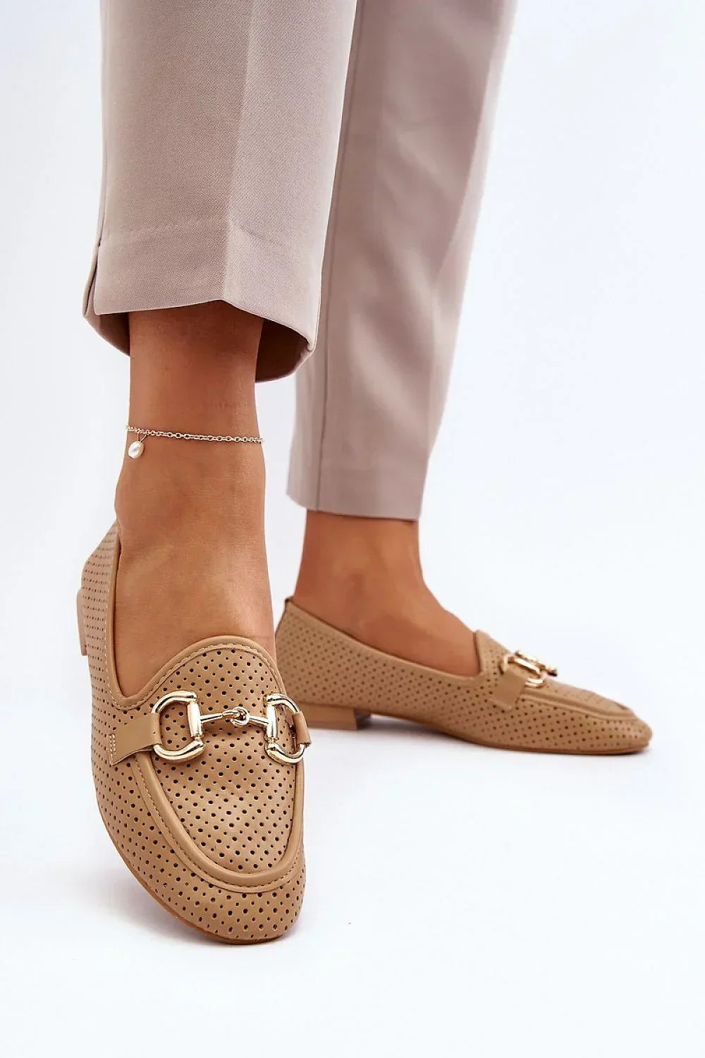 Women’s perforated eco leather moccasin loafers, cushioned breathable flat women’s loafers for casual chic
