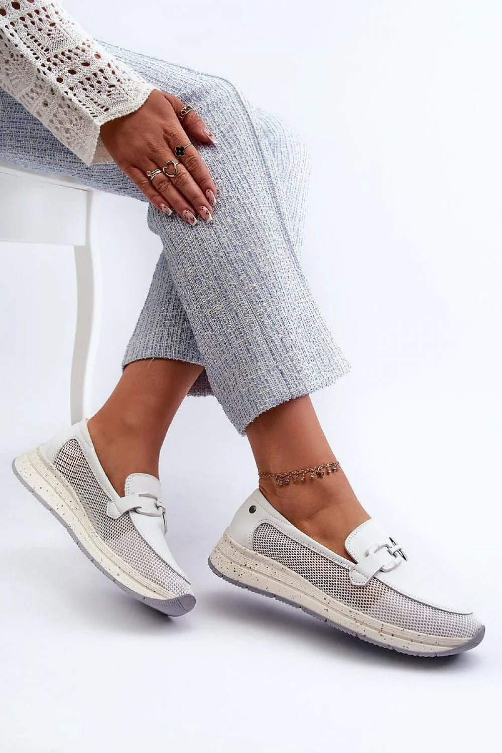 Women’s perforated horsebit leather platform moccasin loafers in white and beige, breathable spring–summer loafers