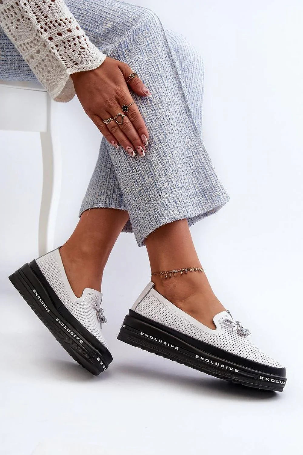Women’s white perforated leather platform driving loafers, breathable women’s platform loafers for spring–summer