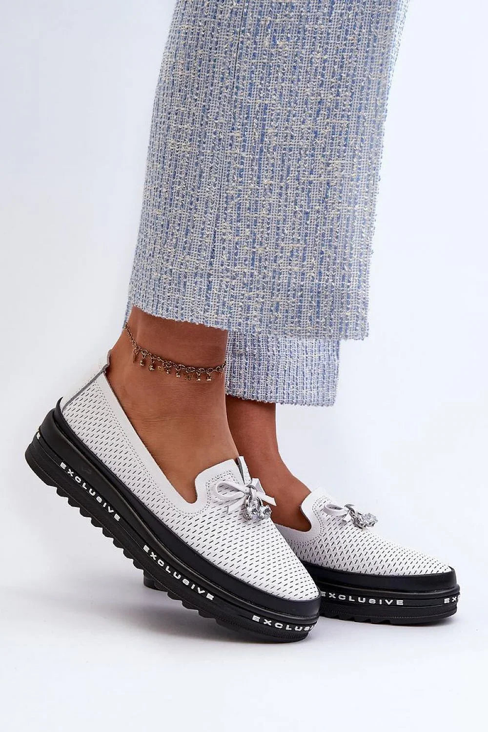 Women’s white perforated leather platform driving loafers, breathable women’s platform loafers for spring–summer