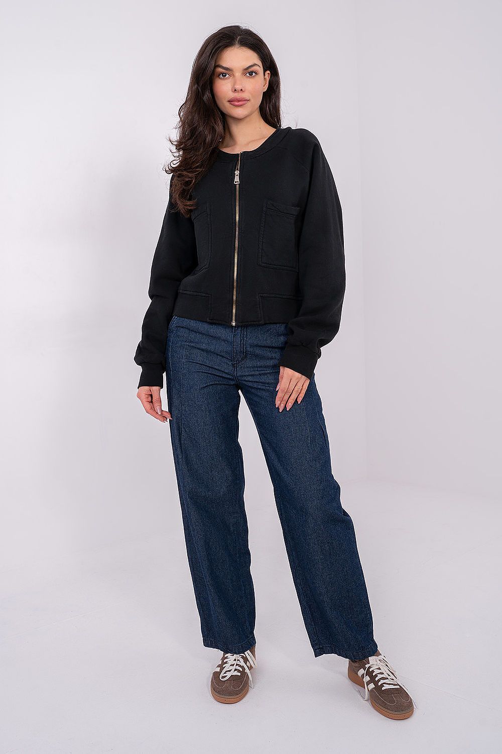Women's Plain Crop Zip-Up Sweatshirt — Black-Women Sweatshirt-LeStyleParfait