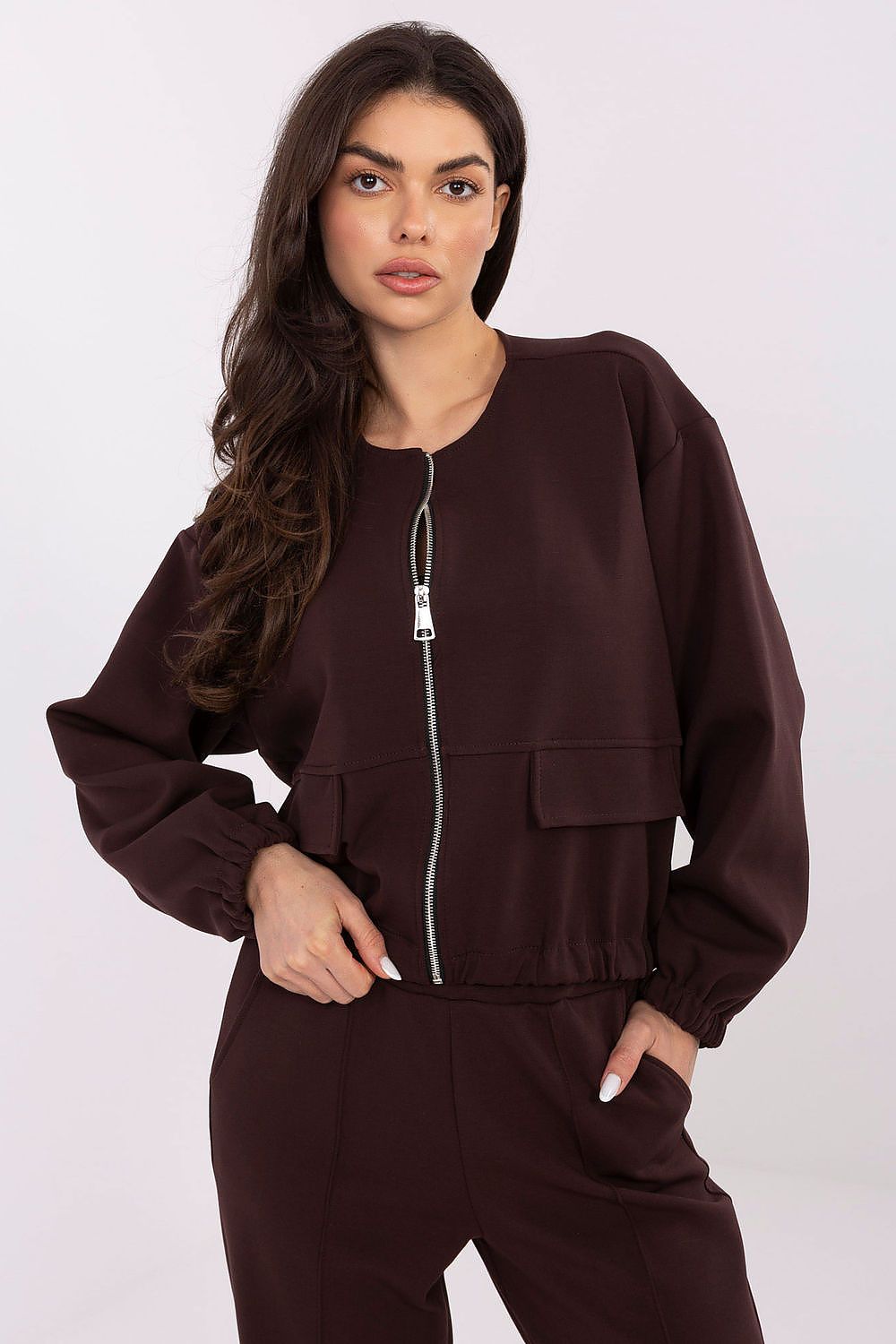 Women's Plain Zip-Up Sweatshirt — Brown-Women Sweatshirt-LeStyleParfait