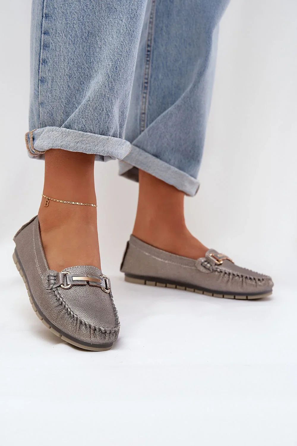 Women’s sequined horsebit natural leather moccasins, versatile casual elegant women’s moccasin loafers