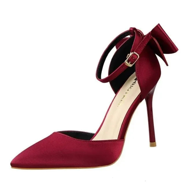 Women's Silk Satin Buckle Strap Stiletto Pumps-Pumps Shoes-LeStyleParfait
