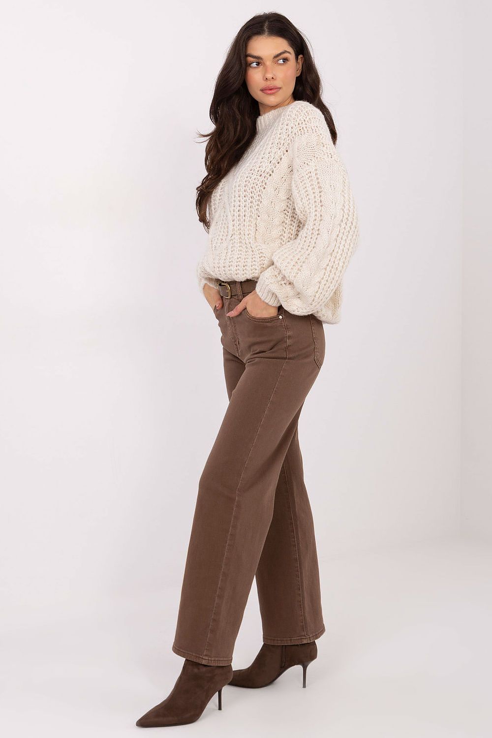 Women's Straight Leg Jeans - Brown Cotton High Waist-Straight Leg Jeans-LeStyleParfait