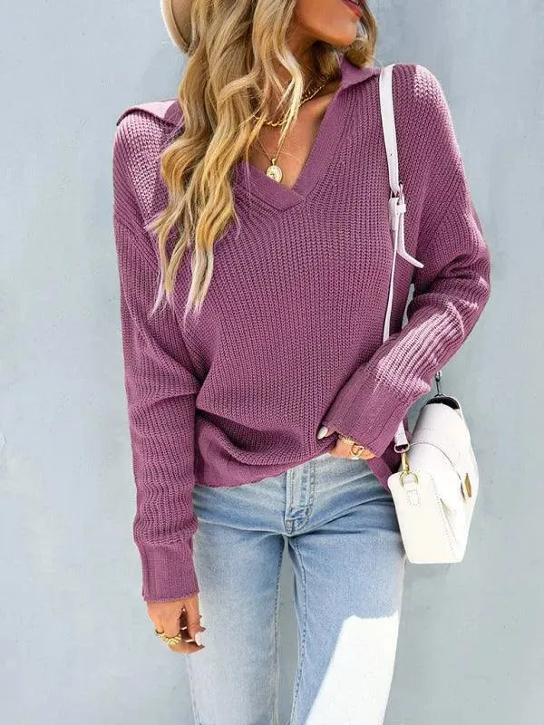 Women’s V-Neck Polo Pullover Sweater – Knit