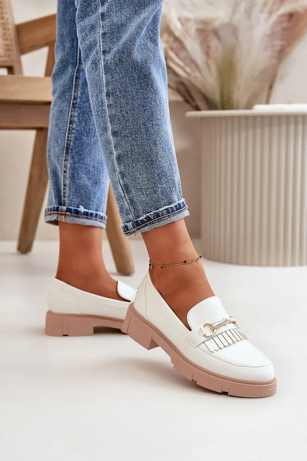 Women’s white and beige vegan horsebit block heel moccasins, casual low heel women’s moccasin loafers