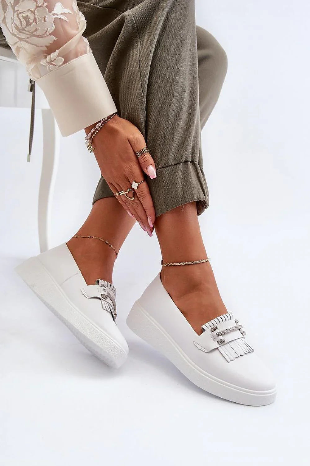 Women’s white leather tassel platform loafers, chunky white women’s platform loafers from Platform Shoes
