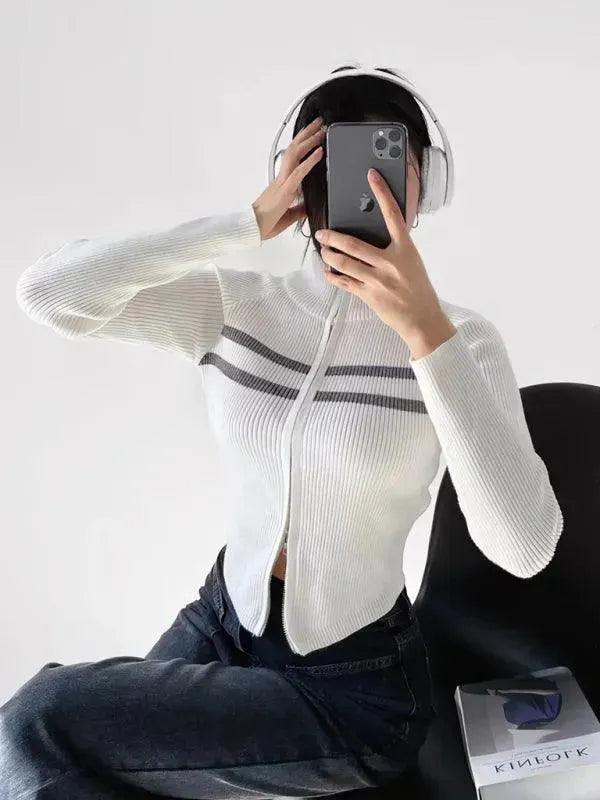 Women’s Zip Mock-Neck Cardigan Sweater – Striped Knit