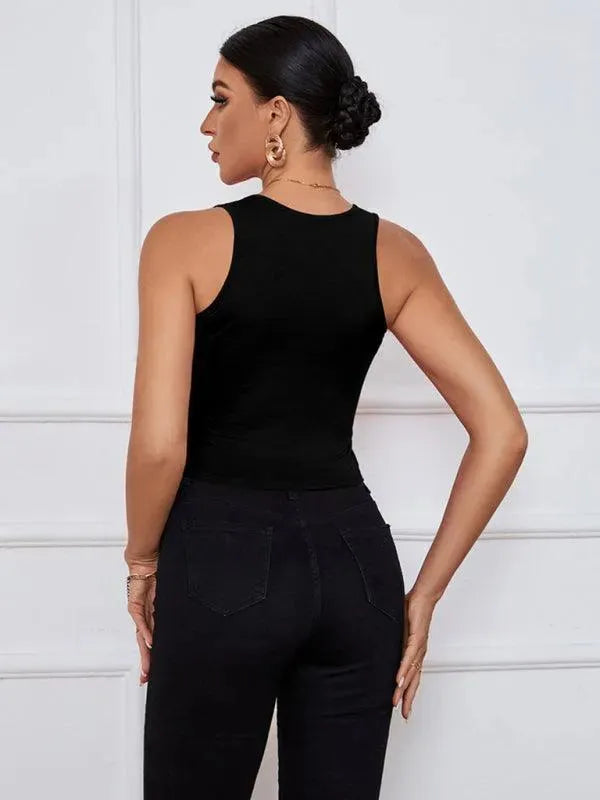 Y-Neckline Knit Tank Top - Women Tops - LeStyleParfait