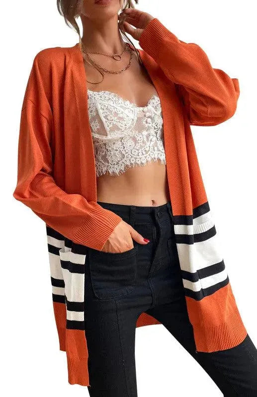 Women’s Contrast Stitch Longline Cardigan Sweater – V-Neck