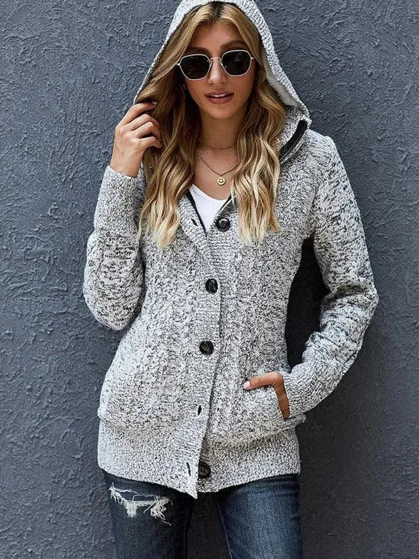 Women’s Hooded Cable Knit Cardigan Sweater – Casual Button Style