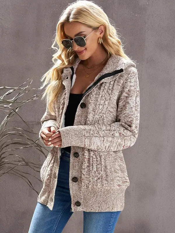 Women’s Hooded Cable Knit Cardigan Sweater – Casual Button Style