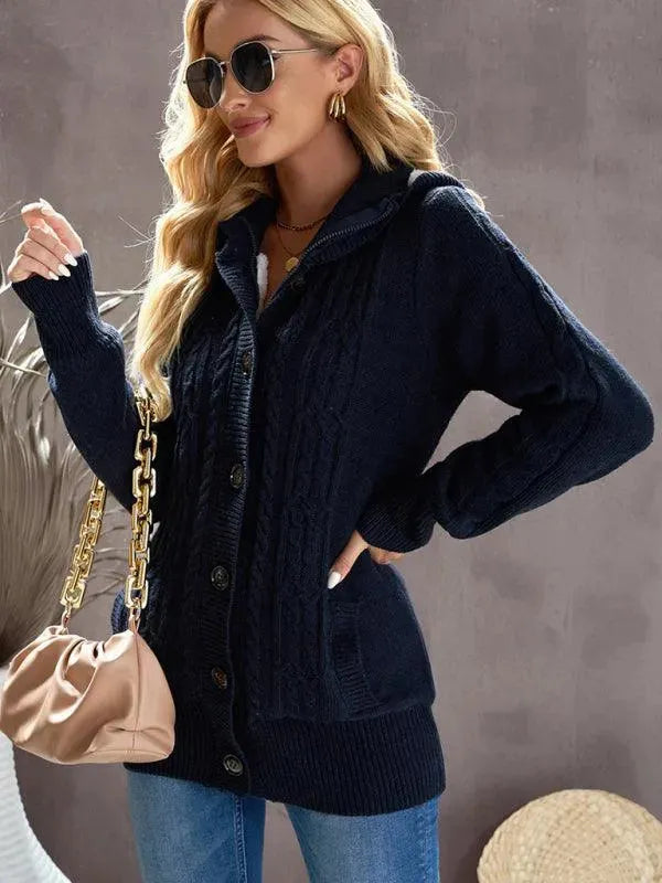 Women’s Hooded Cable Knit Cardigan Sweater – Casual Button Style