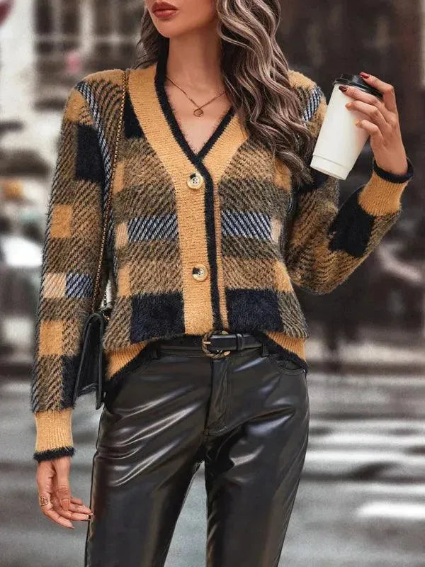 Women’s Plaid V-Neck Cardigan Sweater – Button Fall/Winter Knit
