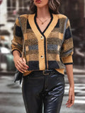 Women’s Plaid V-Neck Cardigan Sweater – Button Fall/Winter Knit