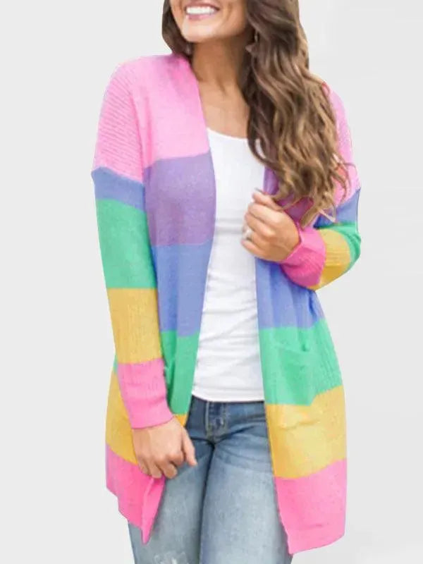 Women’s Striped Long Cardigan Sweater – V-Neck Button