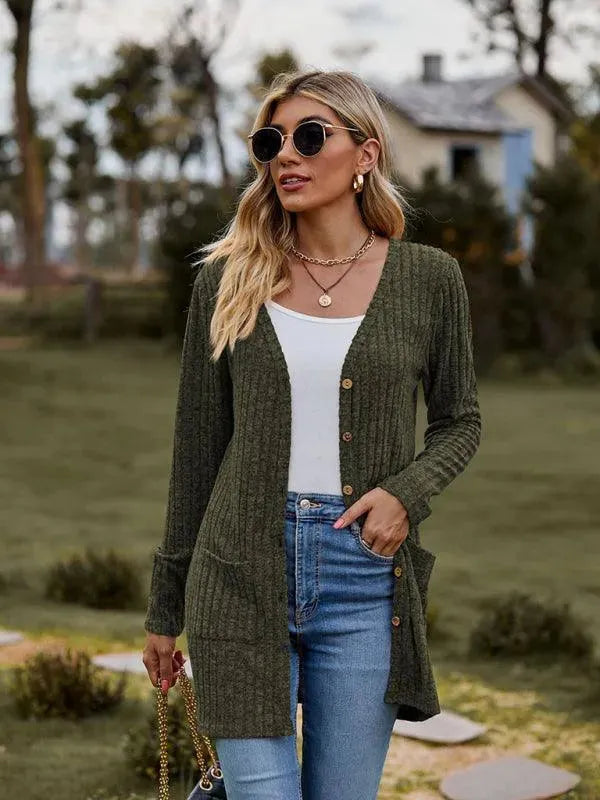 Women’s Textured Longline Cardigan Sweater – V-Neck Button Knit