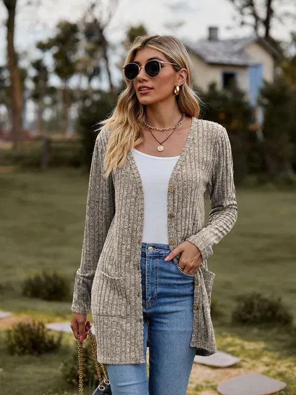 Women’s Textured Longline Cardigan Sweater – V-Neck Button Knit
