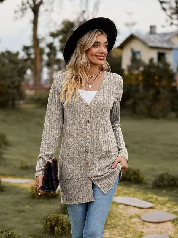 Women’s Textured Longline Cardigan Sweater – V-Neck Button Knit