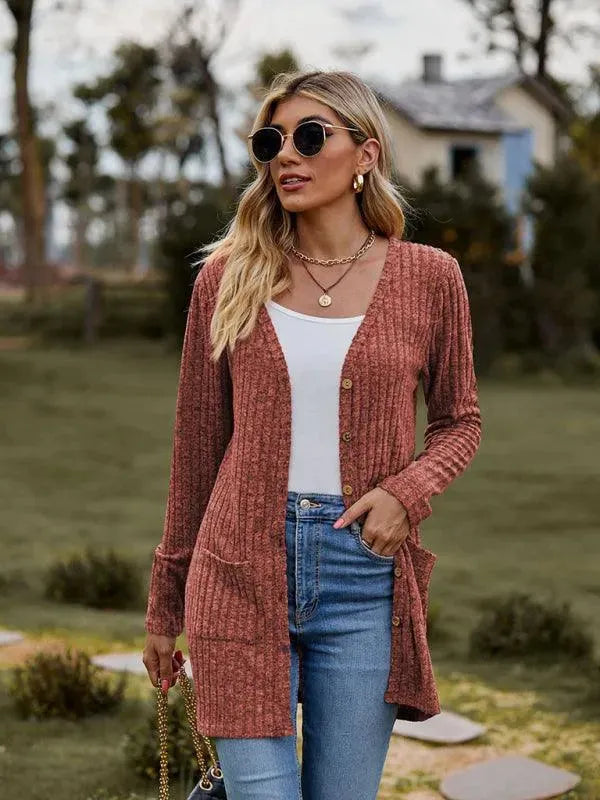 Women’s Textured Longline Cardigan Sweater – V-Neck Button Knit