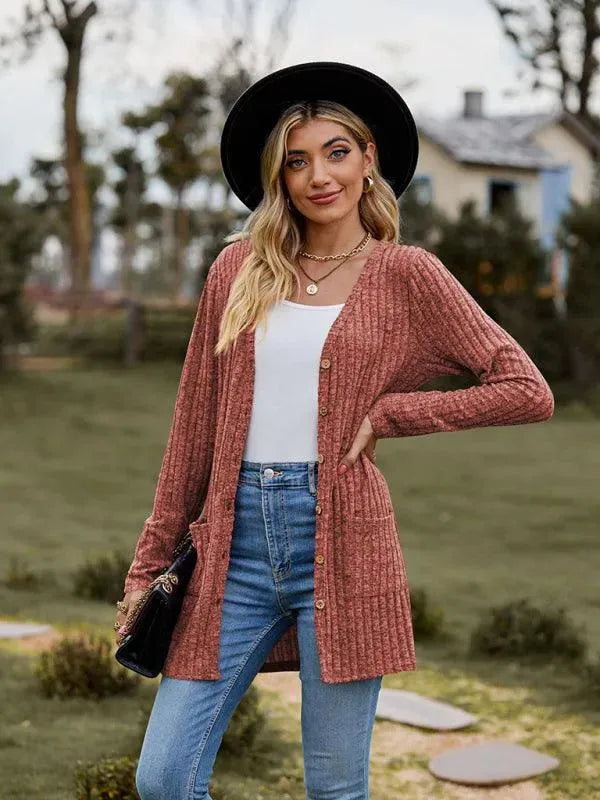 Women’s Textured Longline Cardigan Sweater – V-Neck Button Knit