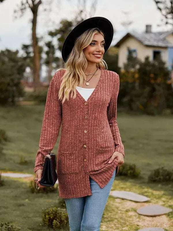 Women’s Textured Longline Cardigan Sweater – V-Neck Button Knit