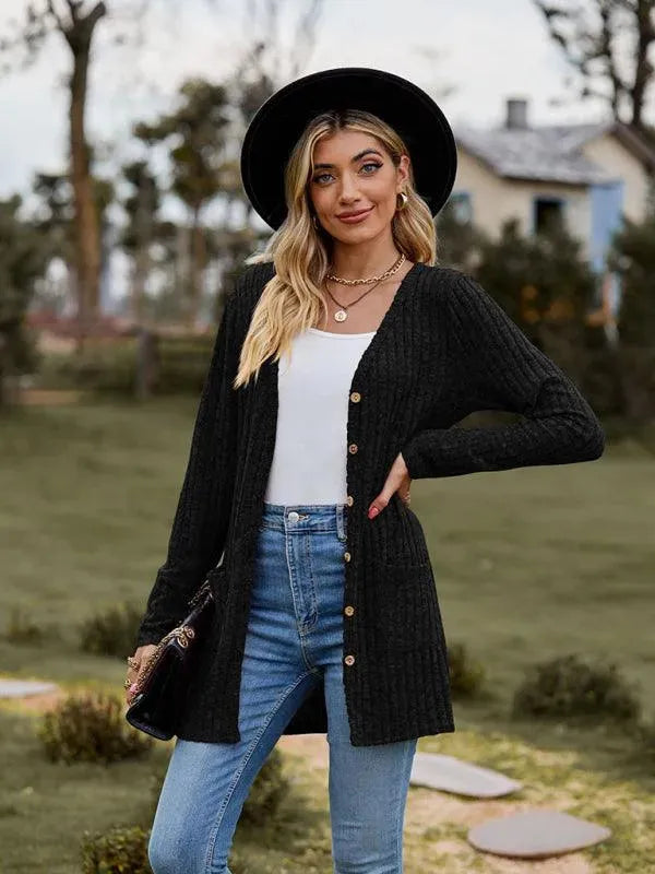 Women’s Textured Longline Cardigan Sweater – V-Neck Button Knit