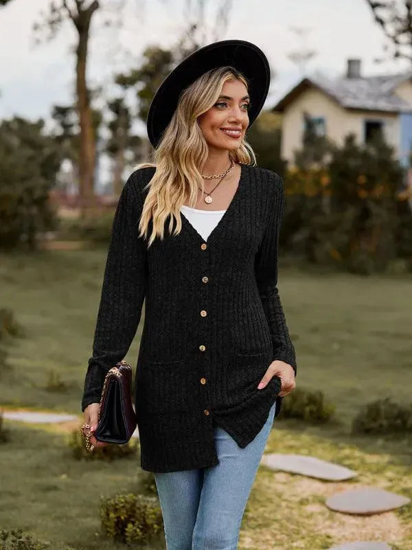 Women’s Textured Longline Cardigan Sweater – V-Neck Button Knit