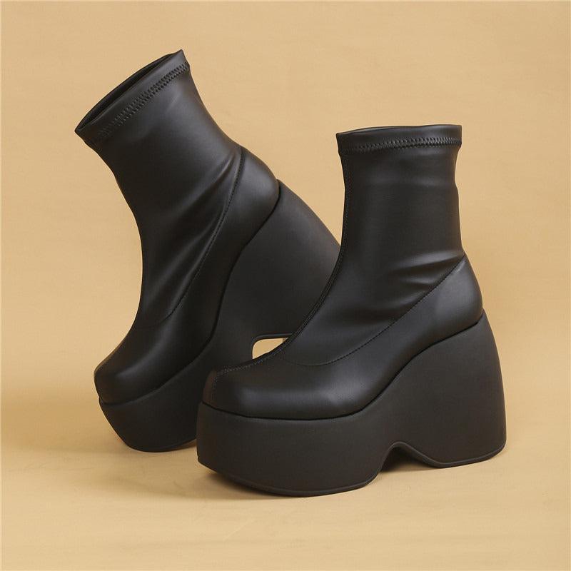 Chunky Black Block Platform Boots - Wedge Shoes - LeStyleParfait Kenya