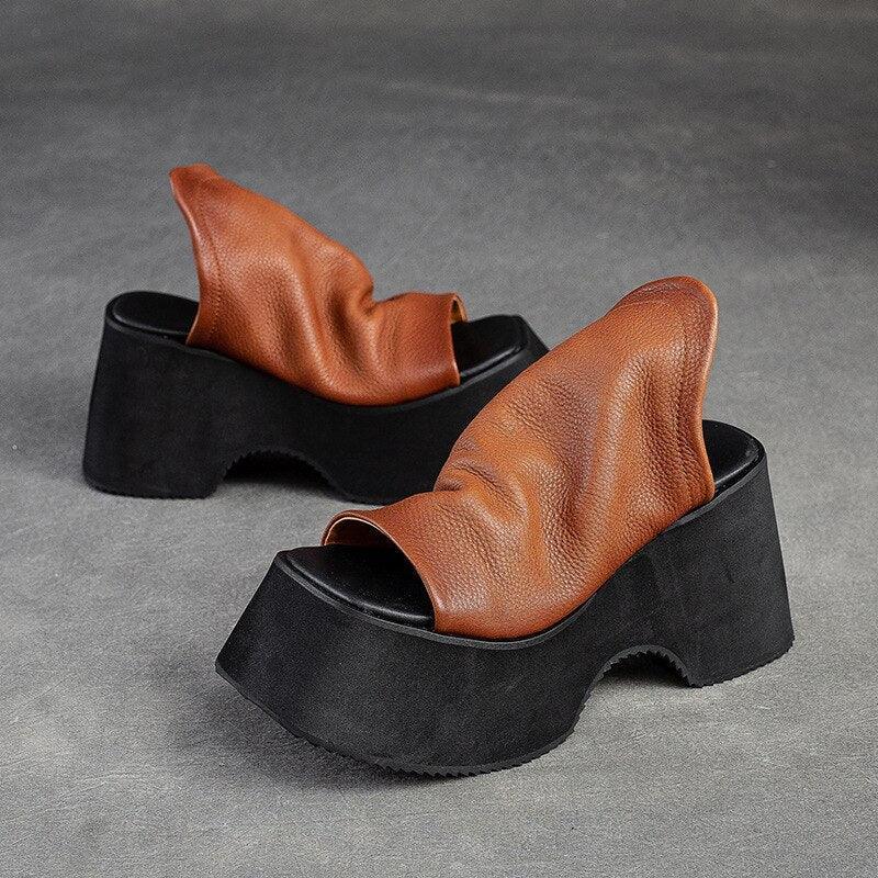 Chunky Heels Leather Wedge Sandals - Wedge Shoes - LeStyleParfait Kenya