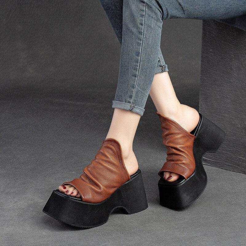 Chunky Heels Leather Wedge Sandals - Wedge Shoes - LeStyleParfait Kenya