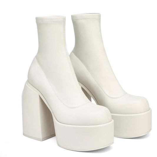 Chunky White Block Platform Boots - Wedge Shoes - LeStyleParfait Kenya