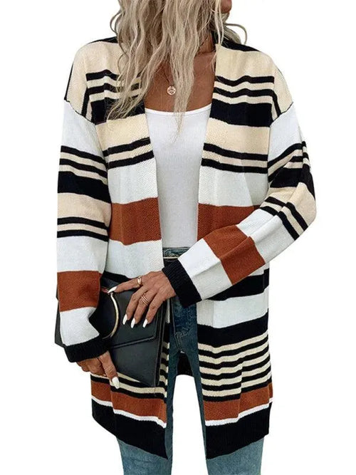 LeStyleParfait Women's Sweaters Casual Cardigan Striped-Pinstriped V-Neck Long Sleeves-Cardigan Sweater