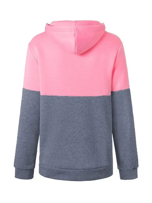 Double Zipper Color Block Hooded Long-Sleeved Plus Velvet Sweatshirt-Women Sweatshirt-LeStyleParfait