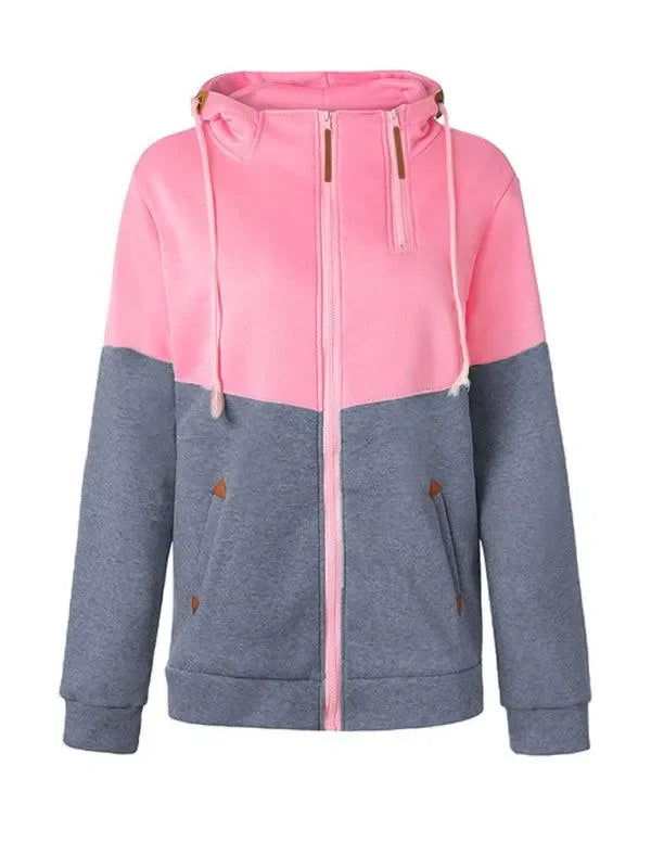 Double Zipper Color Block Hooded Long-Sleeved Plus Velvet Sweatshirt-Women Sweatshirt-LeStyleParfait