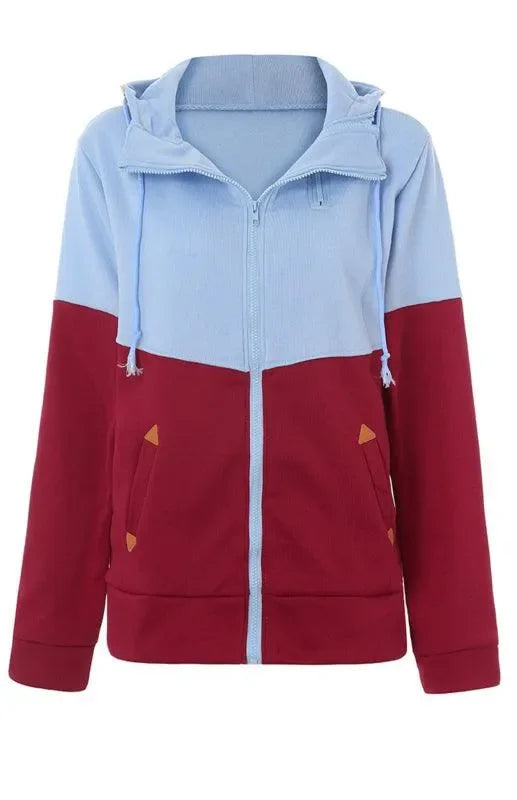 Double Zipper Color Block Hooded Long-Sleeved Plus Velvet Sweatshirt-Women Sweatshirt-LeStyleParfait