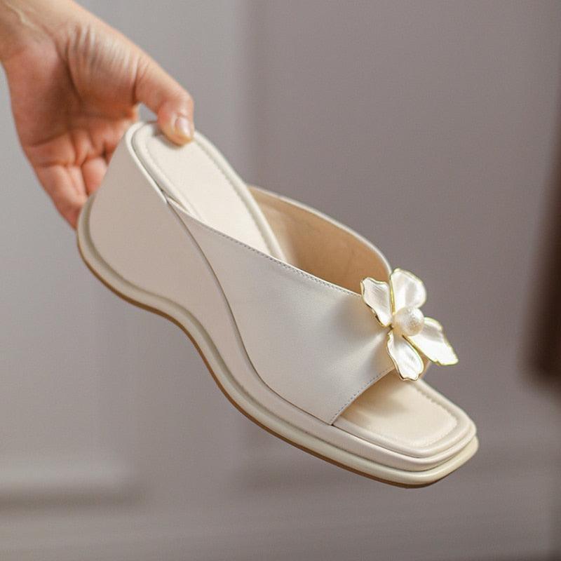Floral Leather Slip-on Wedge Sandals - Wedge Shoes - LeStyleParfait Kenya